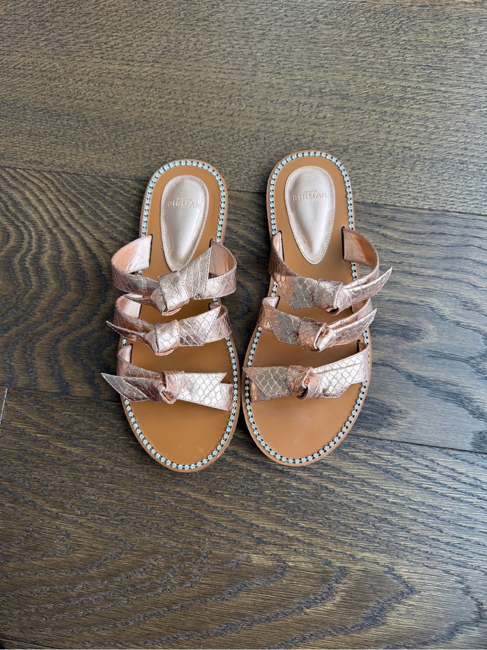 Alexandre Birman Metallic Rose Gold Knotted Triple-Strap Slide Sandals